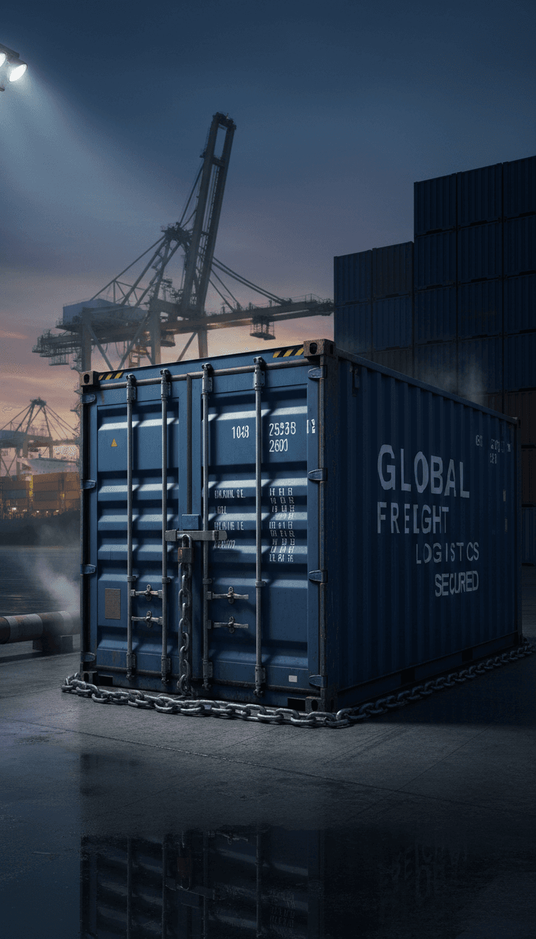 Secure shipping container at a port during blue hour