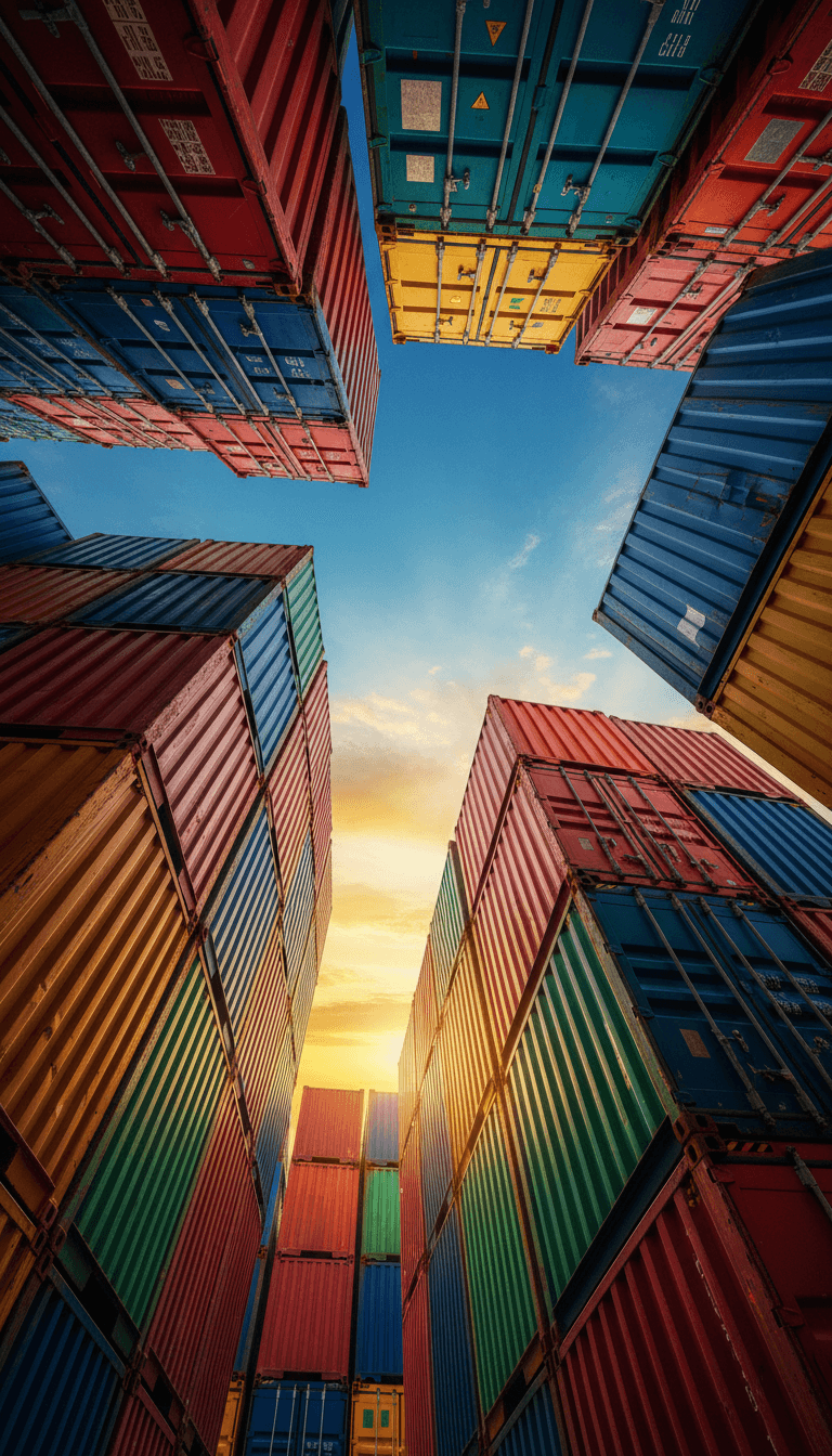 Stacked shipping containers against the sky