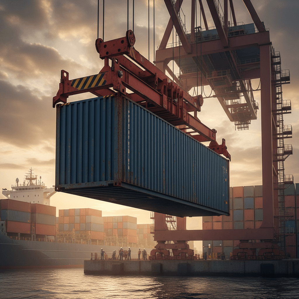 Freight containers stacked at a busy shipping port