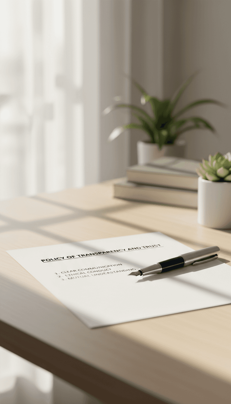 White privacy policy document with a pen on a wooden desk